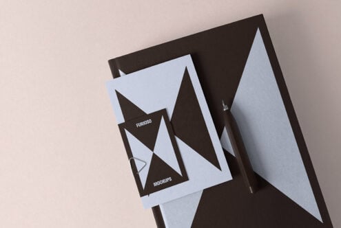 Top view of geometric stationery mockup with notebooks and pen on beige background for graphic designers modern branding minimalist design assets
