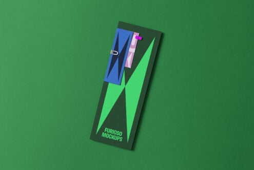 Green paper mockup with abstract design features bold geometric shapes. Ideal for designers seeking unique graphics for projects. Editable PSD included.