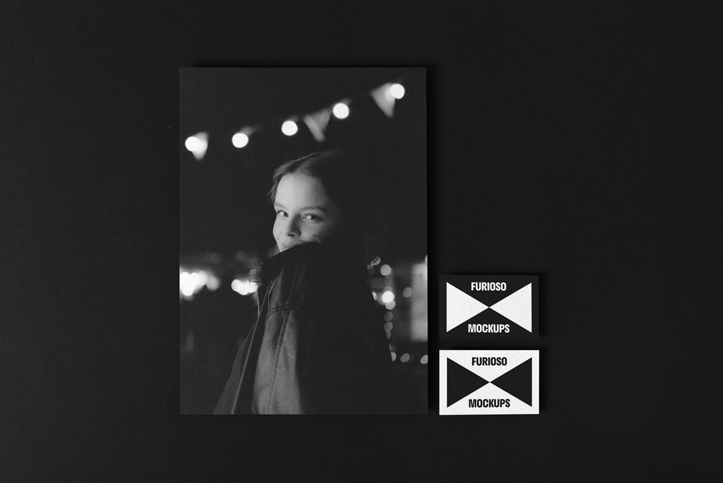 Black and white mockup featuring a portrait photo and two business card designs labeled Furioso Mockups perfect for designers and branding projects.