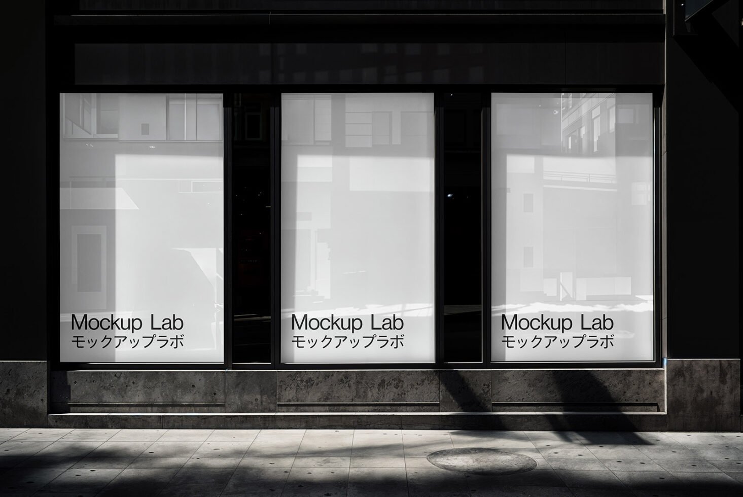 Storefront window mockup displaying Mockup Lab text in English and Japanese. Ideal for designers needing realistic retail display templates.