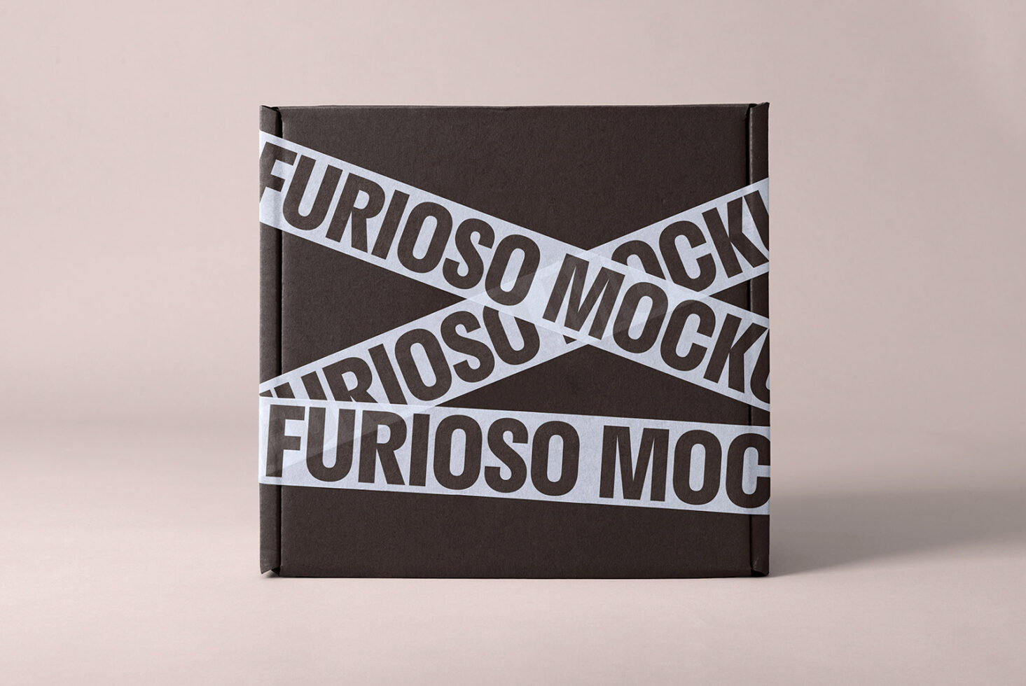 Cardboard box mockup with bold tape design on beige background. Ideal for packaging presentations. Keywords: mockup, packaging, design, box template.