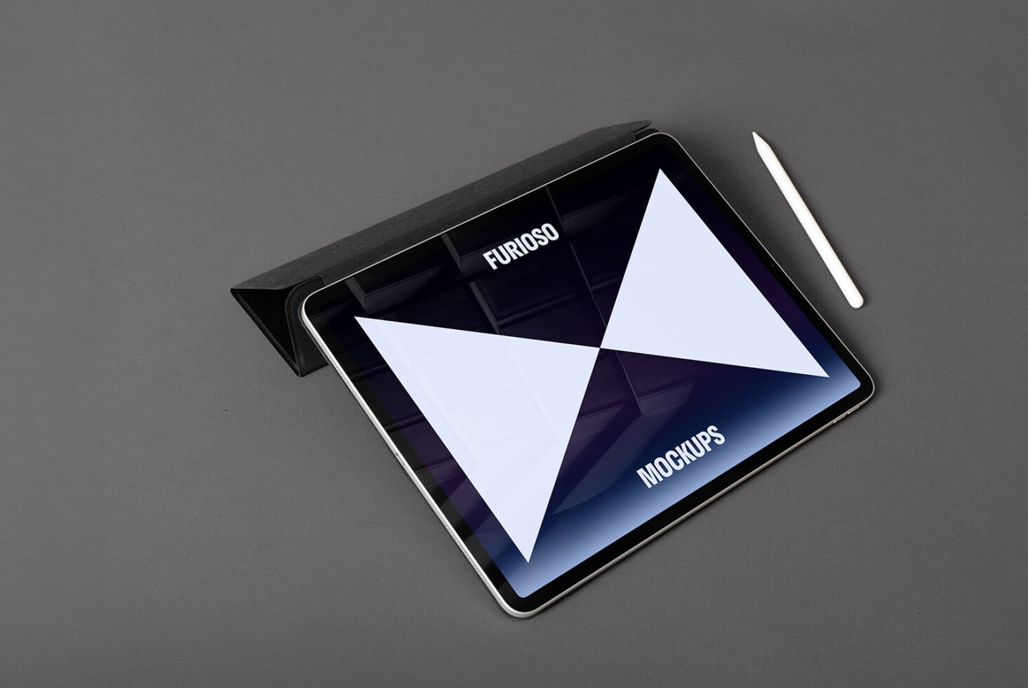 Tablet mockup with stylus on gray background showcasing digital design layout for graphic designers. Ideal for showcasing app or website interfaces.