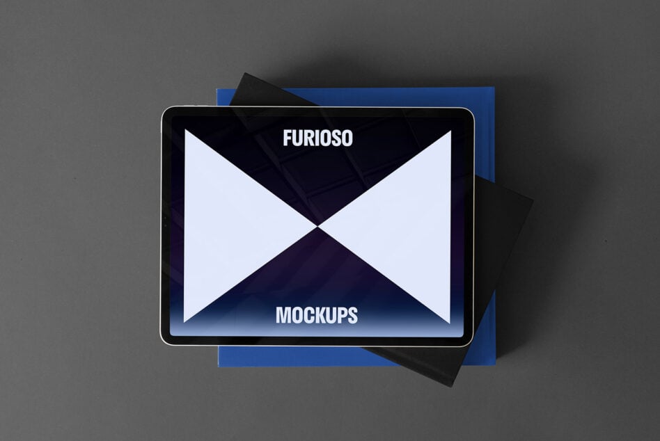 Tablet screen displaying Furioso mockups on a gray background. Ideal for designers seeking high-quality digital mockup assets for creative projects.