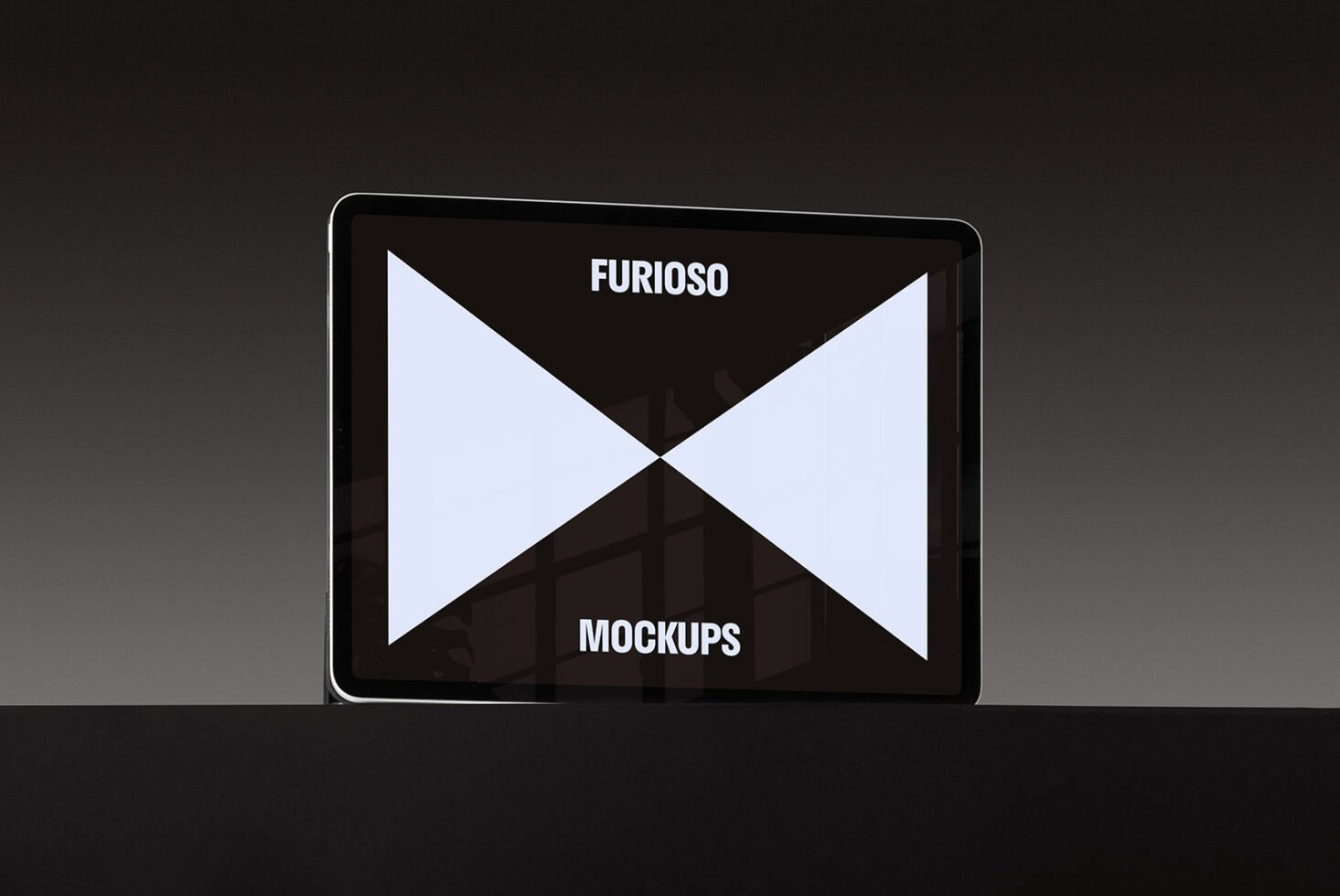 Tablet mockup displaying modern geometric design with the text Furioso Mockups. Perfect for showcasing digital assets for designers. High quality.