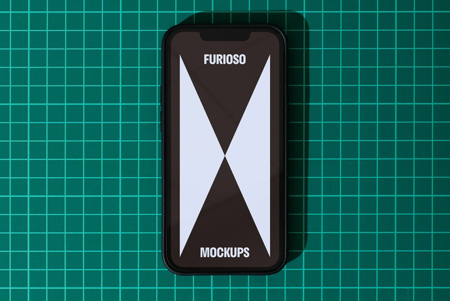 Smartphone on a green grid background displaying Furioso mockups perfect for designers in need of high-quality device templates for digital presentations.