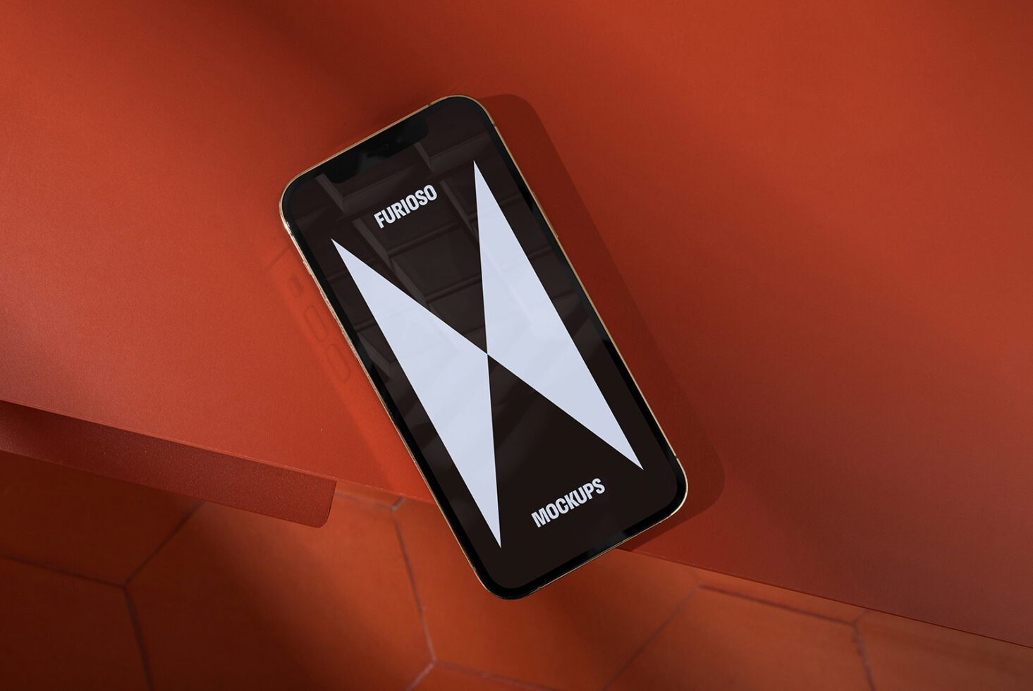 Smartphone screen mockup on a geometric orange surface, showcasing sleek minimalist design for digital assets branding. Ideal for designers and creatives.