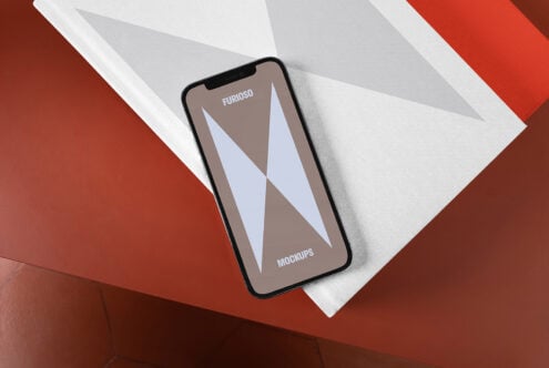 Mockup of smartphone on geometric surface, showcasing a minimalistic design with placeholders for branding or app design. Perfect for designers templates.