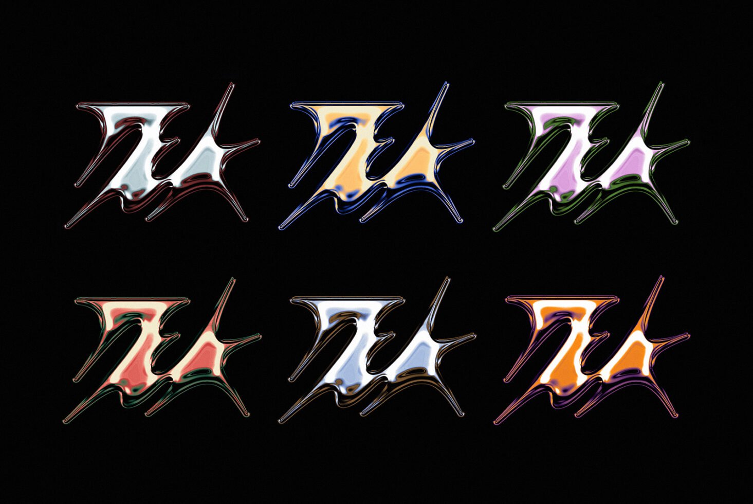 Colorful abstract 3D metallic font set on black background featuring six variations. Ideal for graphic design and typography projects.