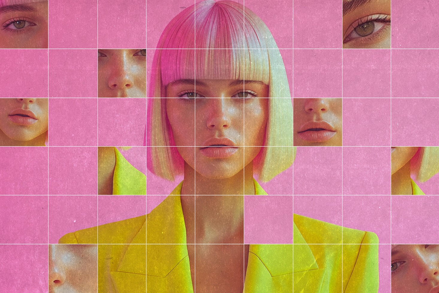 Grid layout portrait with pink background, blonde hair, yellow jacket details