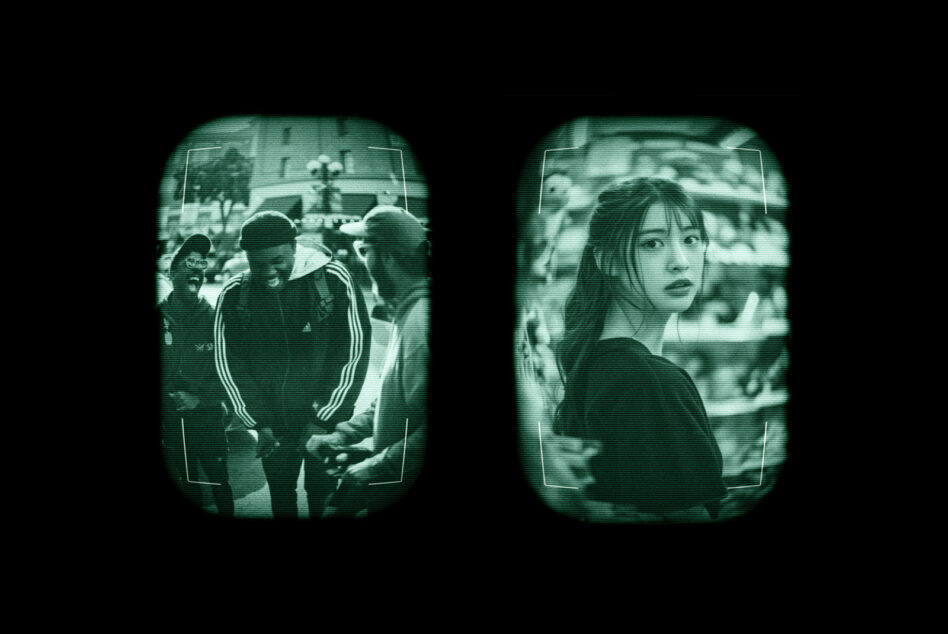 Two green scan line rounded frames with people, woman in right frame looking back