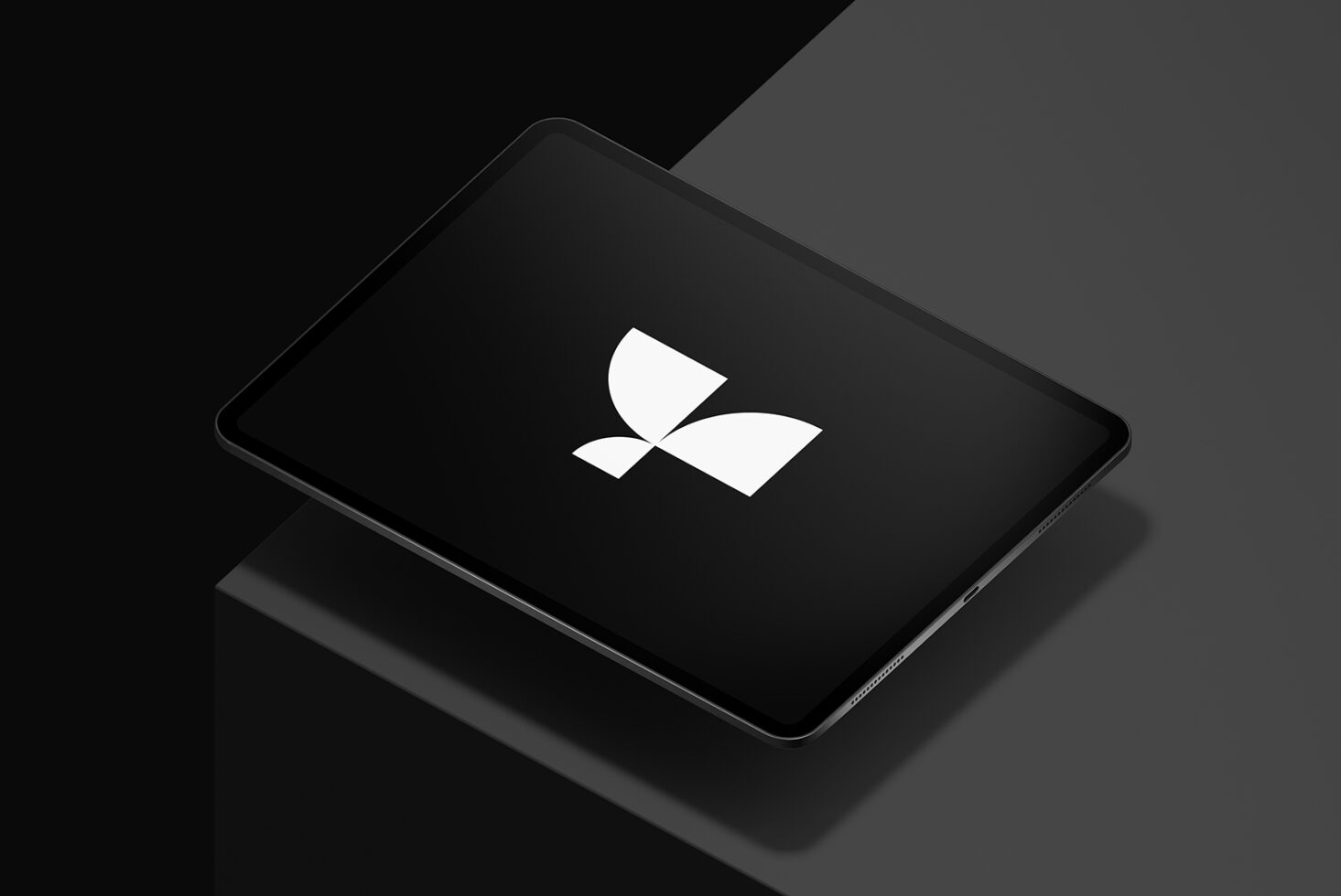 Sleek tablet mockup with modern white logo on black screen ideal for digital presentations and branding showcases 3D rendering for designers and creatives