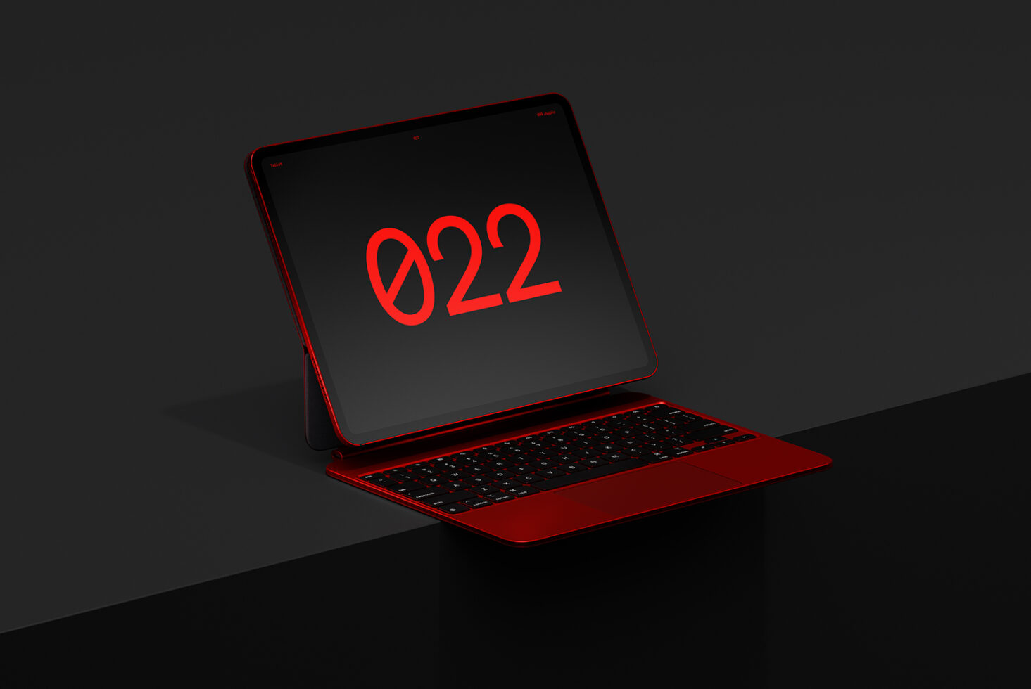 Red tablet mockup with keyboard in dark setting showing glowing number display