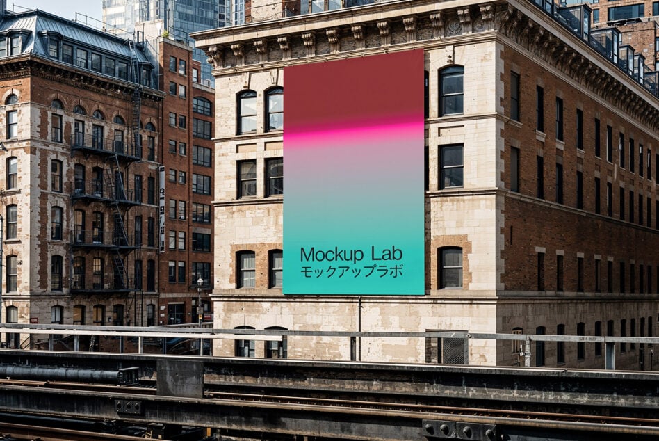 Urban building with large colorful banner mockup. Ideal for showcasing graphics or templates. Keywords: mockup, banner, urban, design asset.