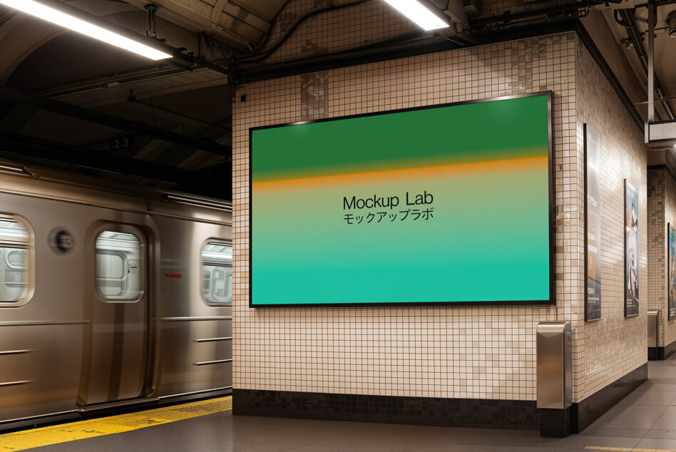 Wide green gradient billboard spanning subway station wall above platform