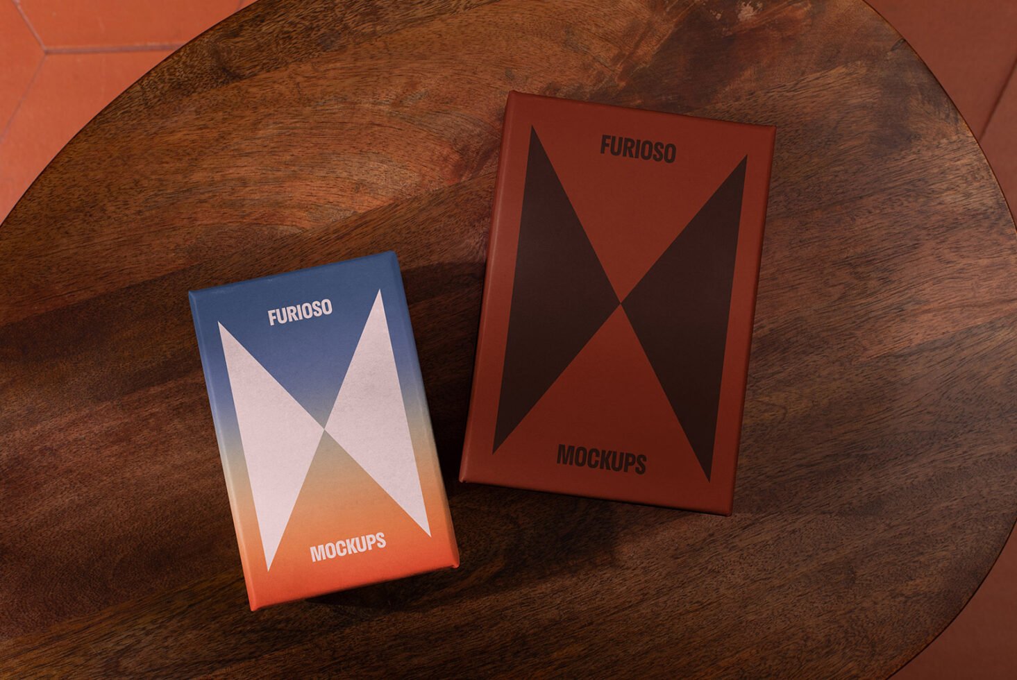 Two stylish packaging mockups on a wooden table featuring geometric designs in blue and brown, perfect for designers seeking modern and minimalist visuals.