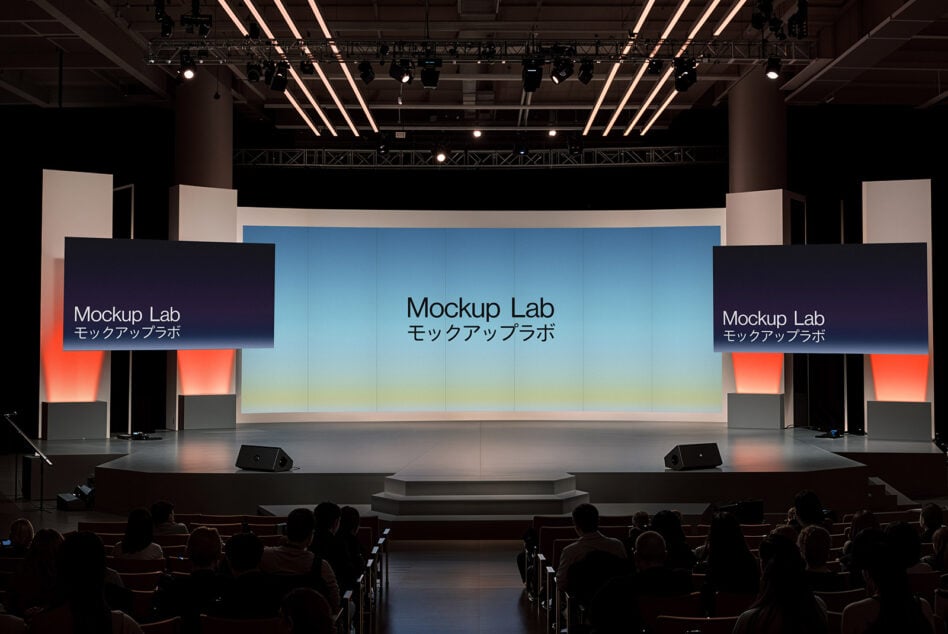 Modern stage presentation with dual screens displaying Mockup Lab. Ideal for designing conference graphics presentations and digital mockup templates.