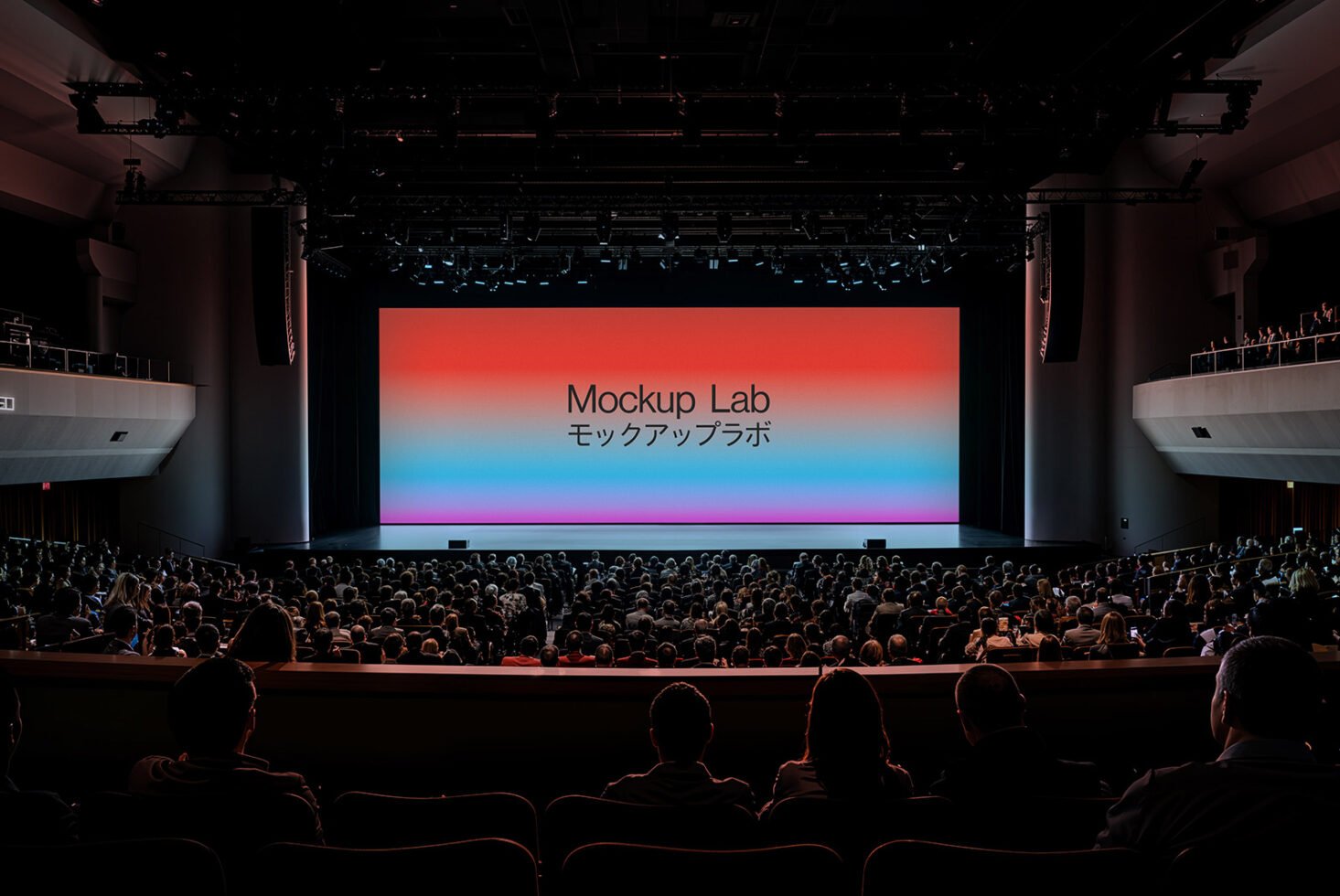 Conference stage with crowd, vibrant gradient screen displaying Mockup Lab. Ideal for designers seeking presentation graphics, creative templates, mockups.