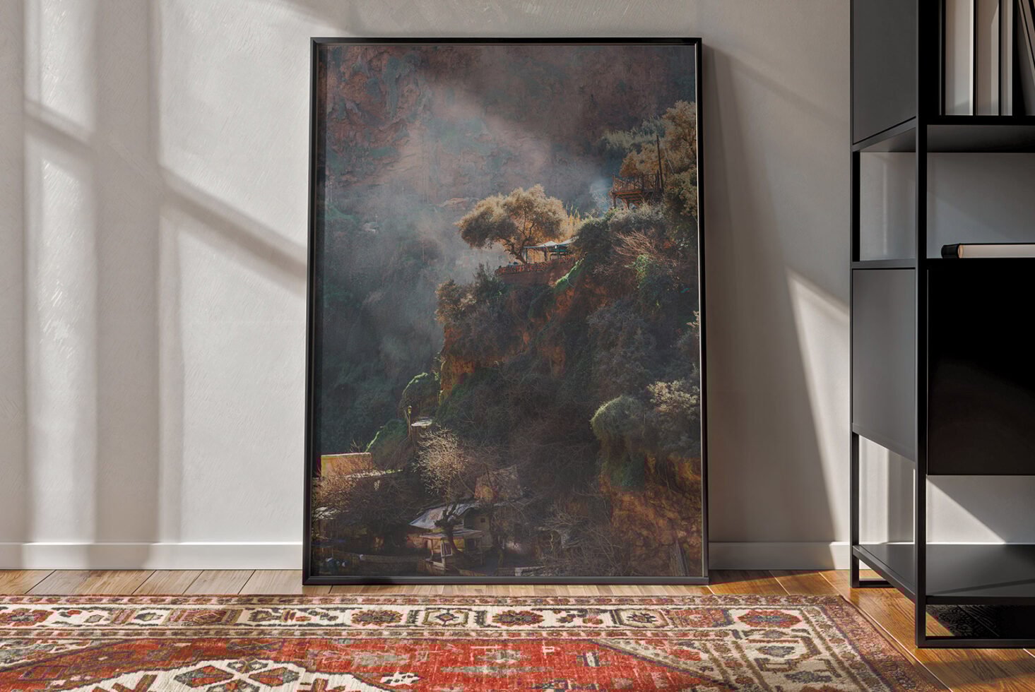 Framed nature artwork in chic interior setting digital mockup for designers showcasing wall art templates with elegant shadows and vibrant photography.