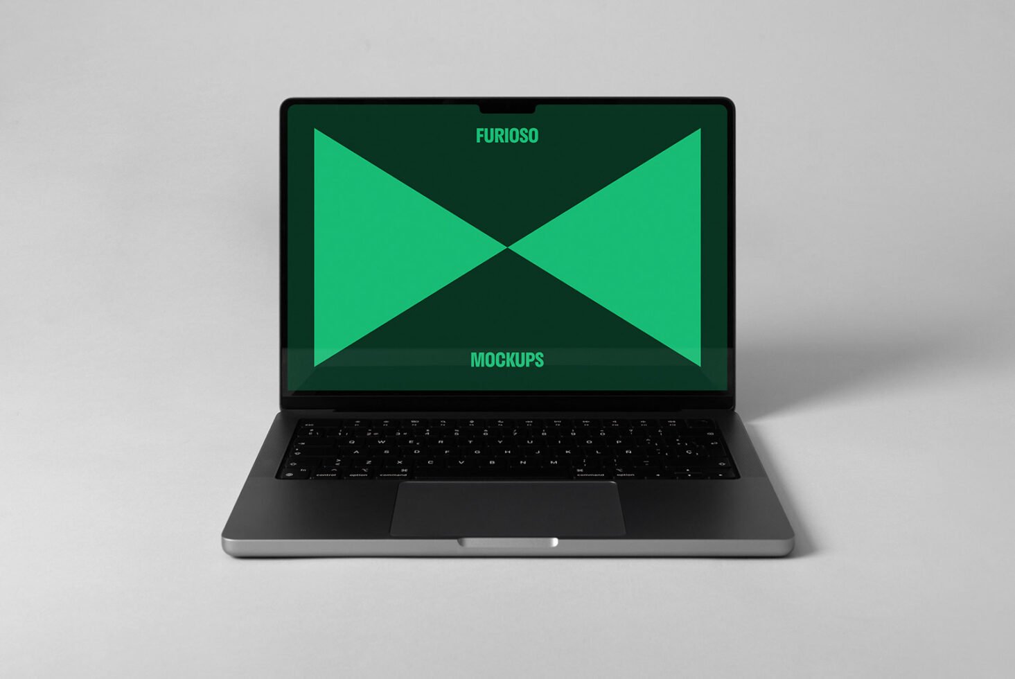 Laptop screen mockup with green geometric design on a minimalist desk for digital asset marketplaces. Perfect for designers seeking modern templates.