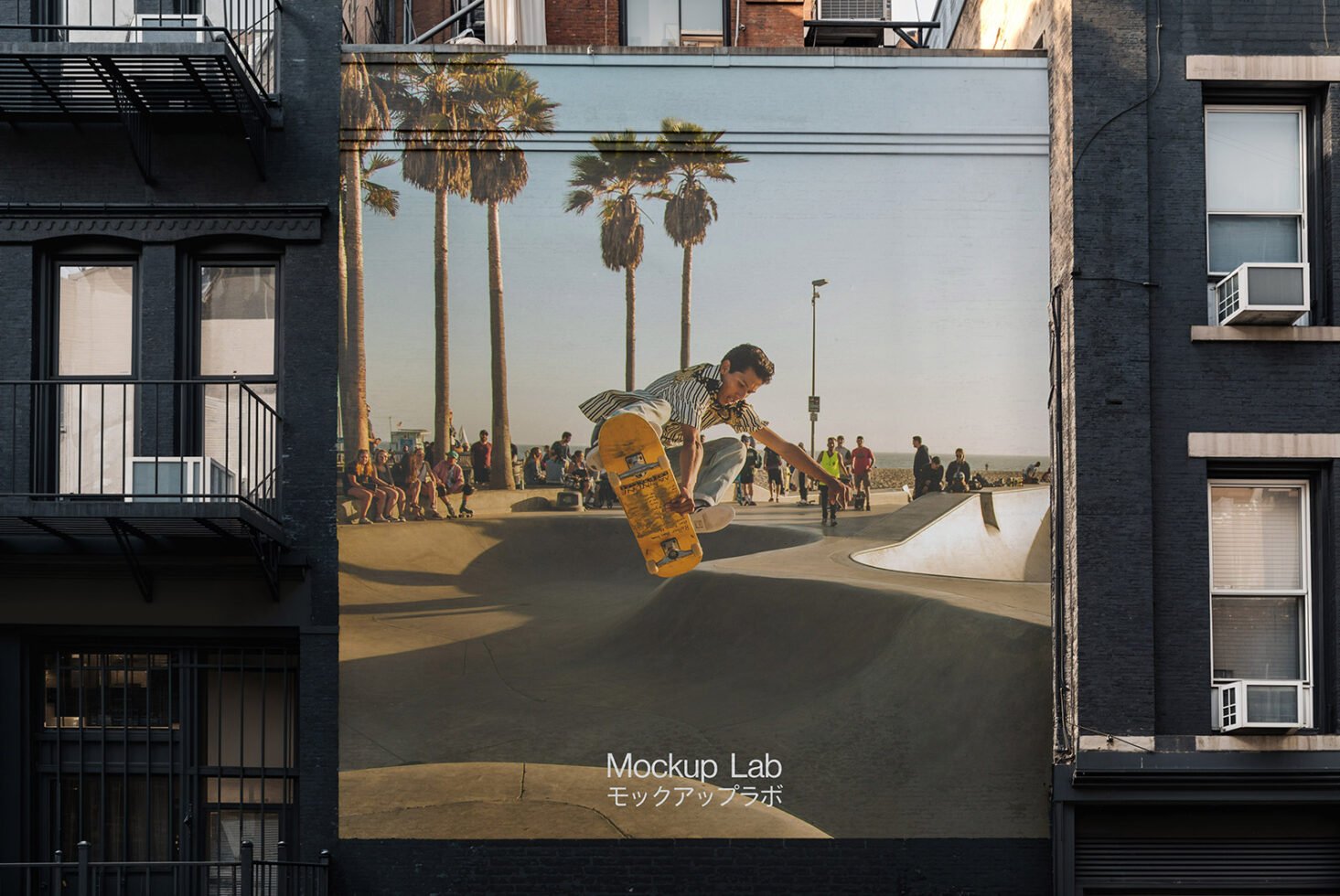 Urban skateboarder performing an aerial trick in sunlit skate park on a large city building wall, ideal mockup for designers in urban environments