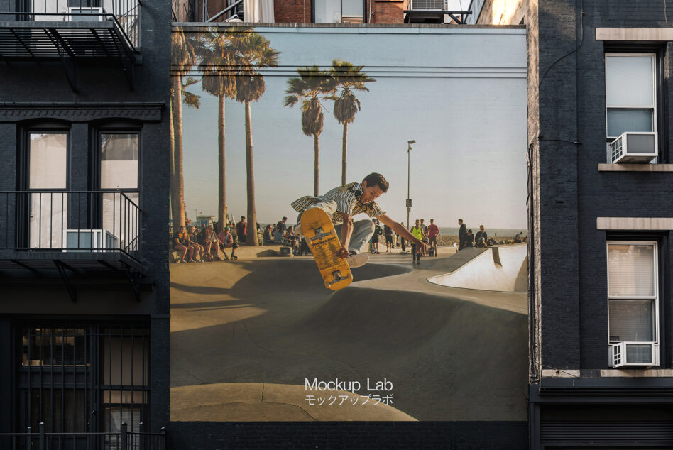 Urban billboard mockup showing skateboarder at Venice Beach with palm trees behind
