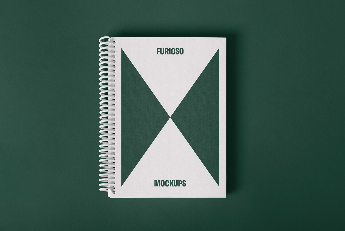 Spiral notebook mockup with minimalist geometric cover design on dark green background. Perfect for designers. Ideal for showcasing branding concepts.