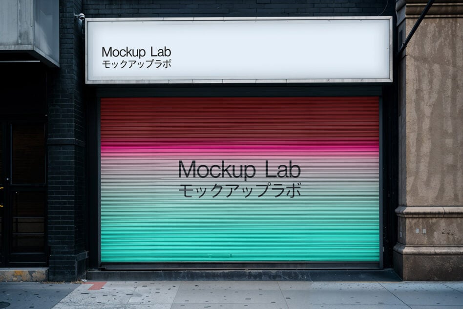 Mockup of a storefront with gradient shutter design featuring Mockup Lab text in English and Japanese creating a vibrant color in urban setting.