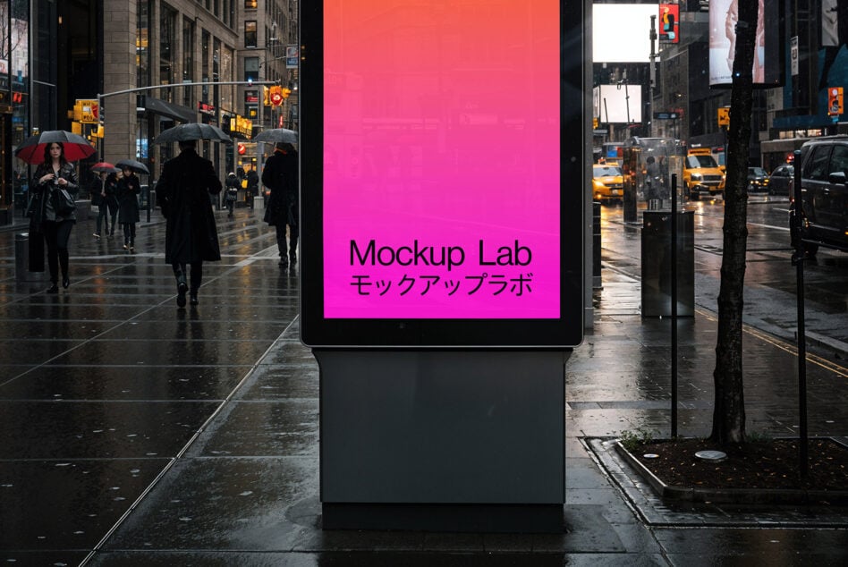 Vibrant magenta screen on city sidewalk with crowds of umbrellas in background