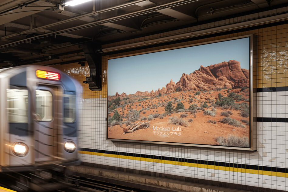 Train station billboard mockup showing desert landscape with passing subway car