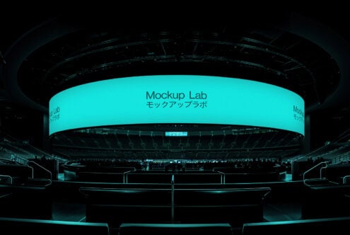 Panoramic digital mockup of a futuristic stadium interior displaying teal screen labeled Mockup Lab ideal for designers seeking immersive templates.