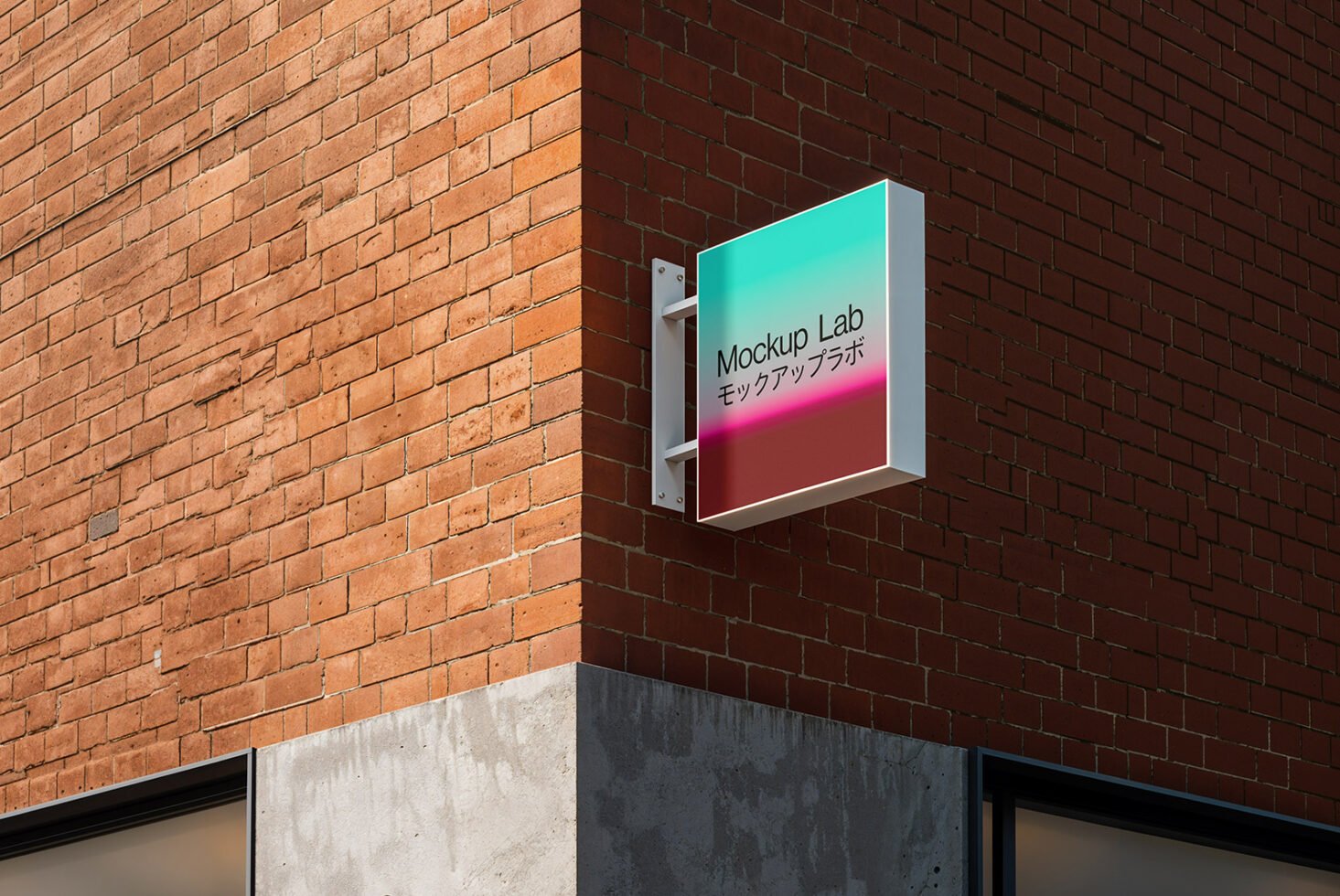 Outdoor wall sign mockup on a brick corner, modern design, vibrant colors, ideal for branding and advertising, high-resolution template for designers.