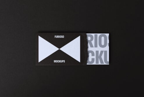 Black business card mockup on dark background with modern design elements showing Furioso branding great for designers looking for creative mockup templates.