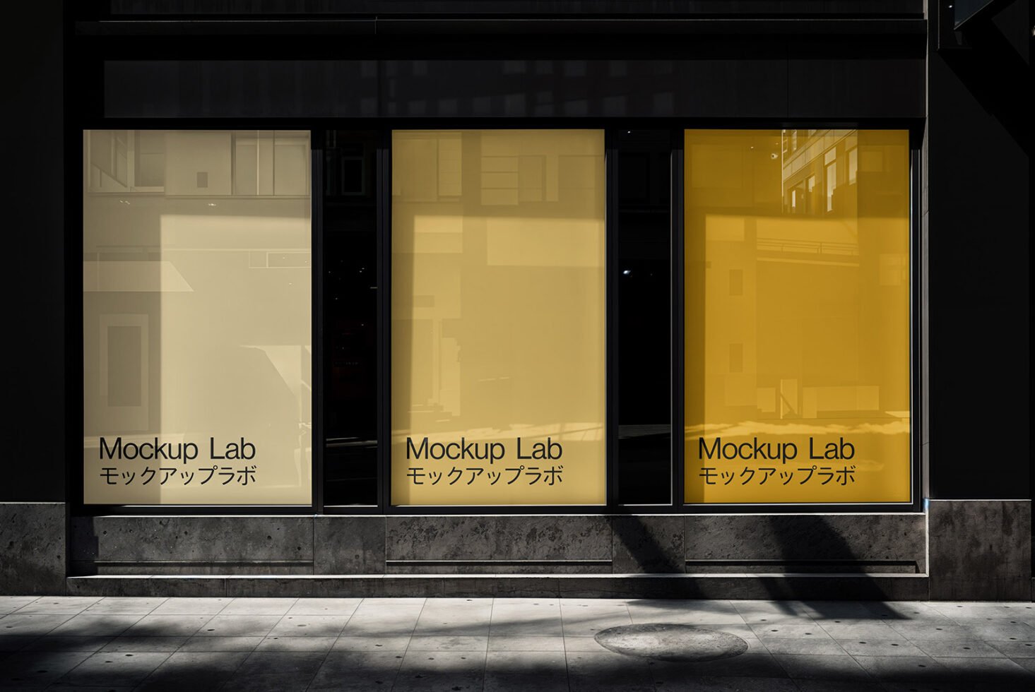 Storefront window mockup with yellow posters labeled Mockup Lab ideal for graphic design showcasing, templates, and advertising presentations for designers.