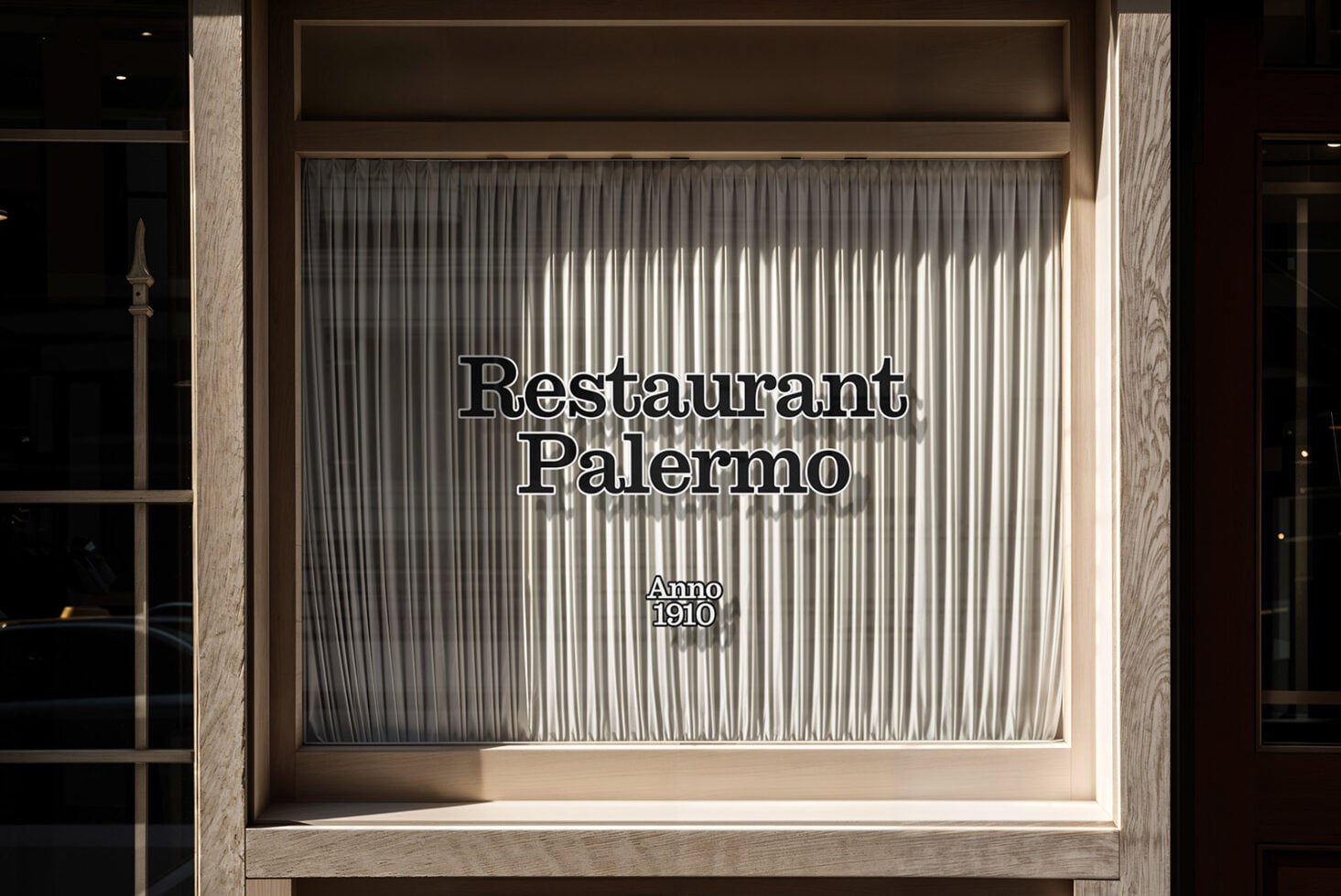 Shop window mockup with ribbed metal interior, Restaurant Palermo signage with Anno 1910 date