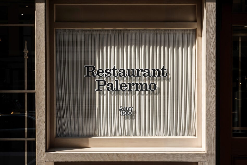 Restaurant Palermo window with vintage font design on pleated curtain SEO keywords fonts mockups graphics templates suitable for designers marketplace