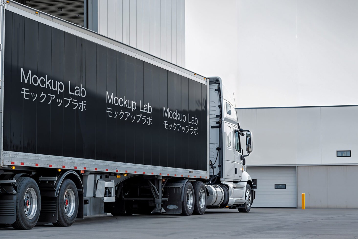 Semi-truck trailer mockup with customizable branding design parked at a modern facility. Ideal for showcasing logistic graphics and transportation templates.