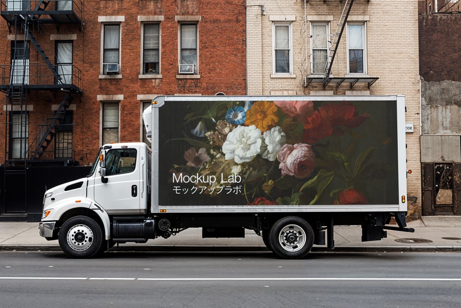 Street scene featuring a white truck with a floral canvas print showcasing a mockup design for designers. Ideal for templates graphics asset showcases.