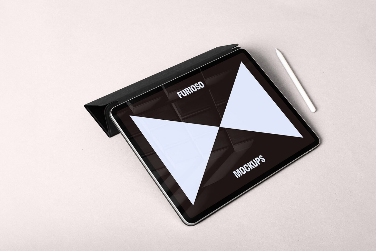 iPad Pro with stylus on a beige background displaying Furioso mockup design. Ideal for showcasing digital assets. Keywords: iPad Pro, mockup, design.