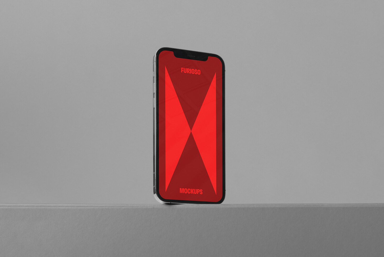 Minimalist smartphone mockup on gray background with vivid red screen. Ideal for showcasing mobile app designs, UX UI presentations, graphic assets.