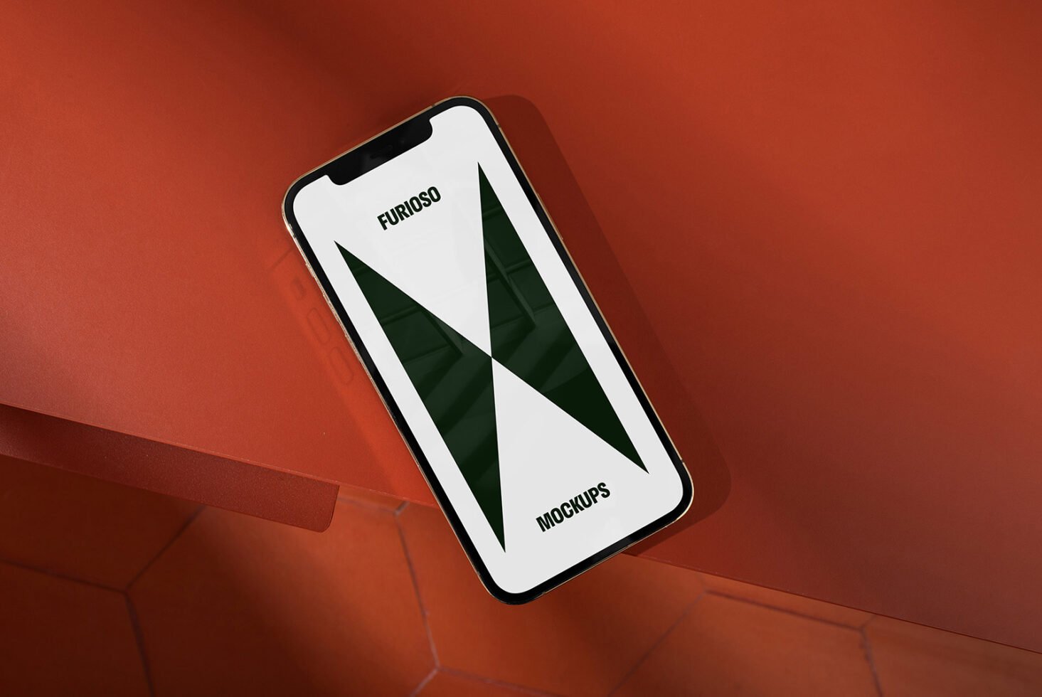 Smartphone mockup on red surface showcasing minimalist design with green accents. Ideal for digital artists and web designers. SEO keywords: mockups.