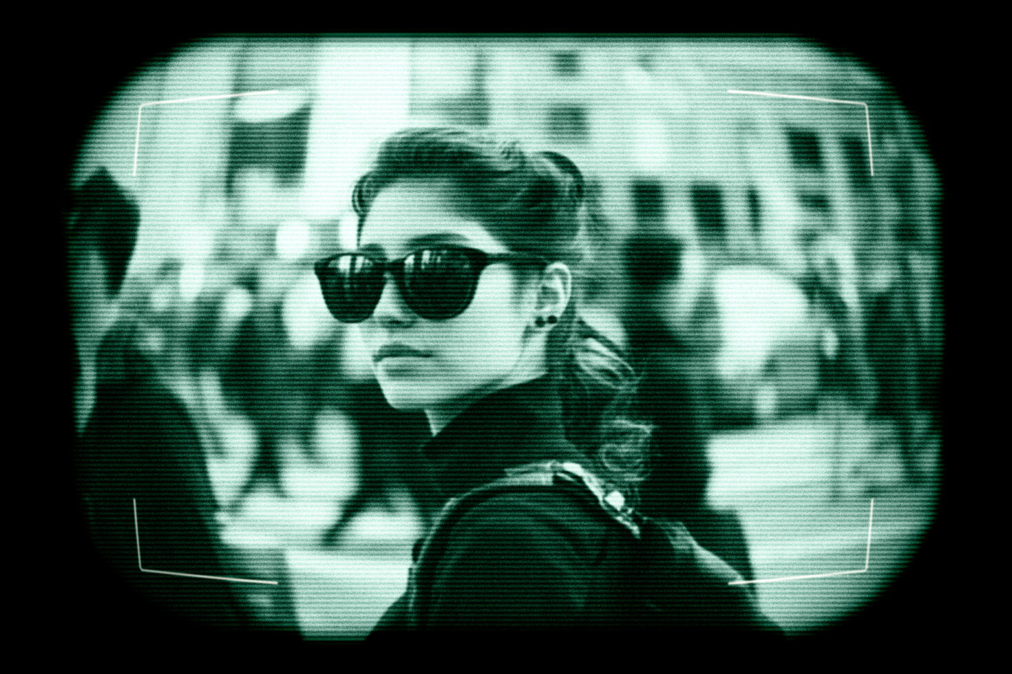 Woman in sunglasses with glitch effect on busy street background digital graphics for designers futuristic template cyberpunk aesthetic mockup design