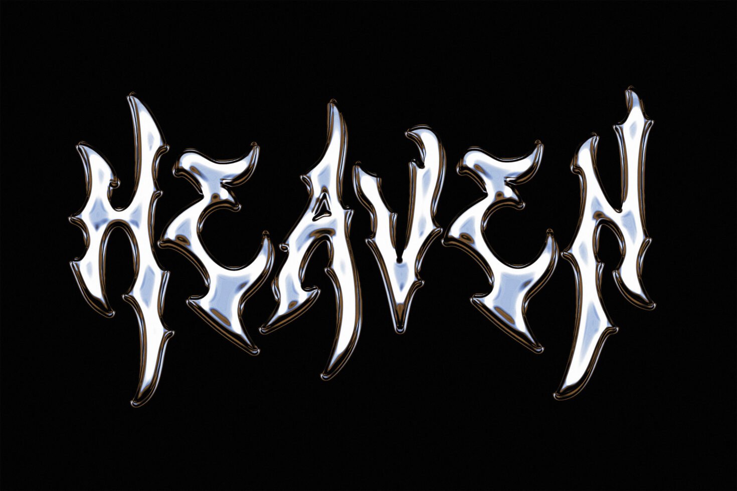 Chrome metallic typography spelling HEAVEN in sleek futuristic font on a black background suitable for graphic design and templates.