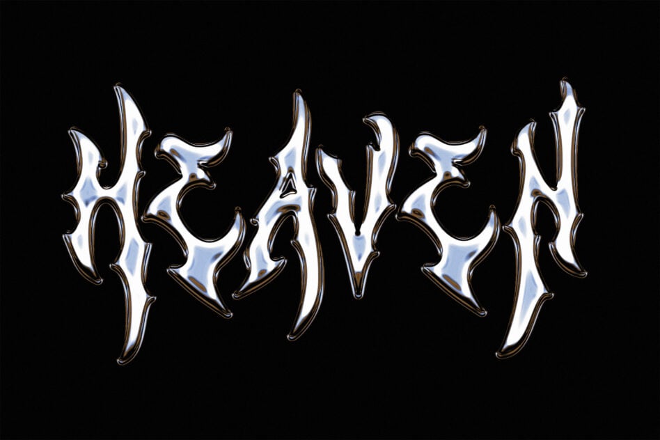 Chrome metallic typography spelling HEAVEN in sleek futuristic font on a black background suitable for graphic design and templates.