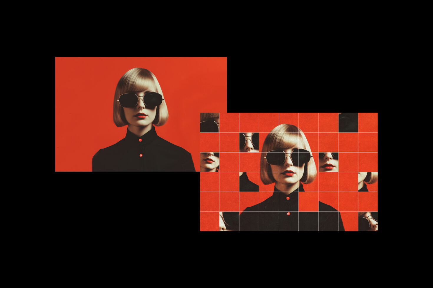 Fragmented red grid layout with portrait of woman wearing sunglasses black turtleneck