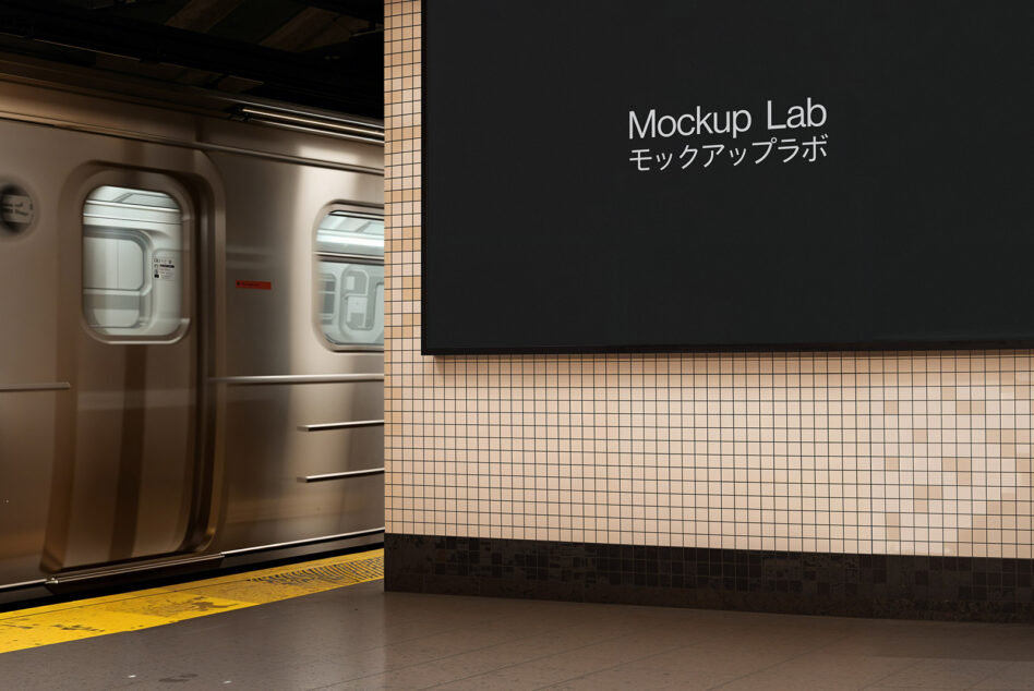 Dark billboard next to train platform with tiled station walls