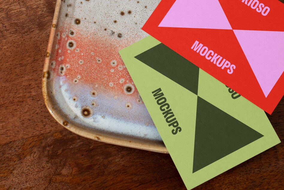 Colorful mockup templates on a wooden surface next to a ceramic plate. Ideal for designers seeking creative layout designs and presentation assets.