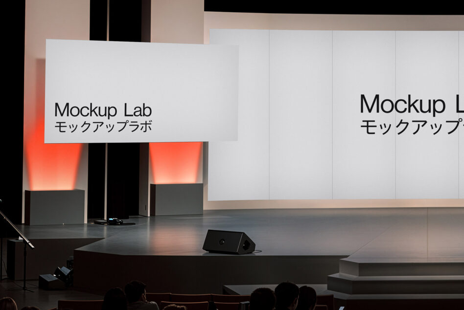 Stage mockup design with large screens displaying Mockup Lab text in English and Japanese perfect for presentations and events graphic assets for designers