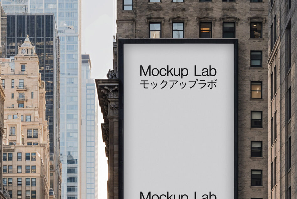 Large horizontal billboard mockup between historic buildings in Manhattan