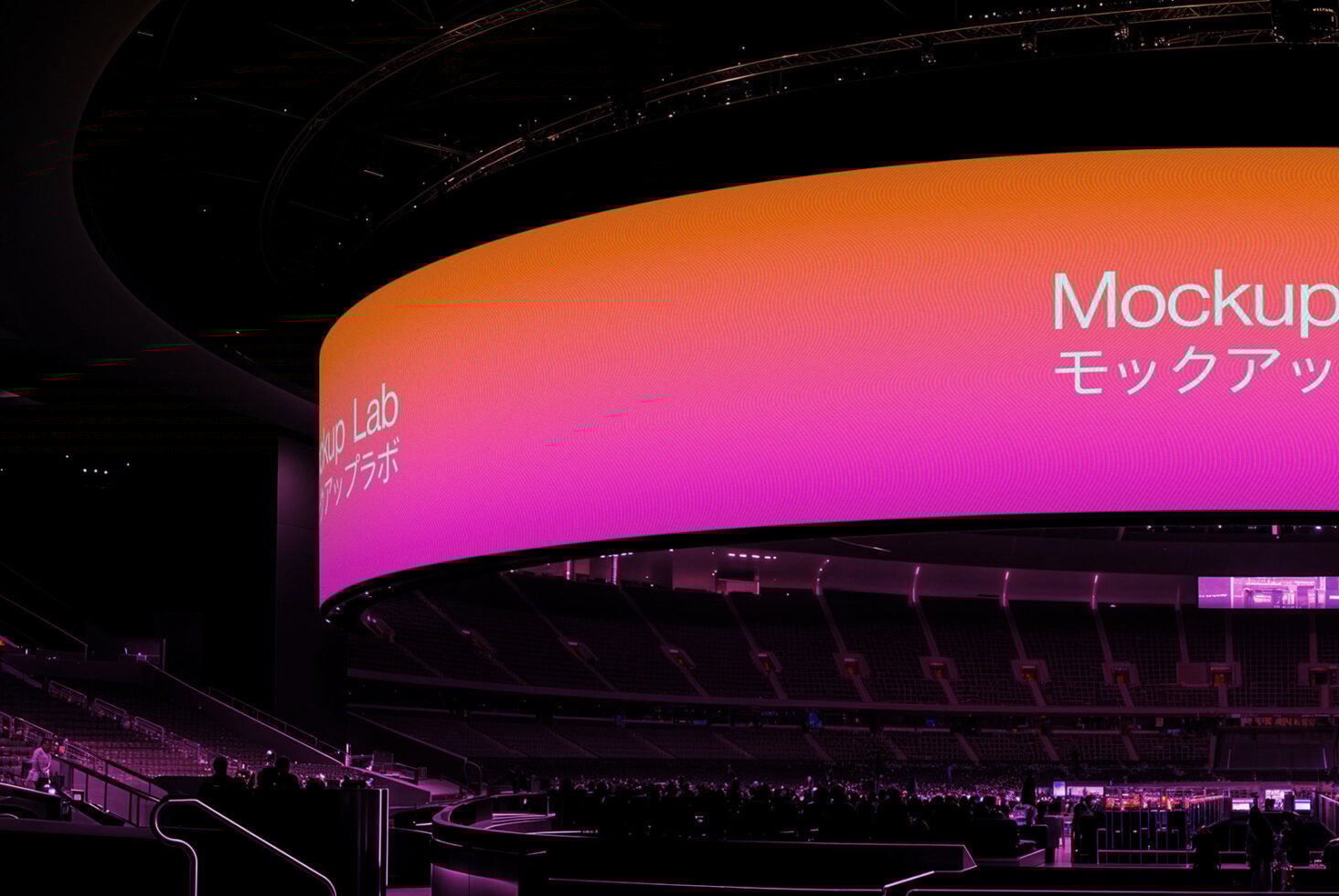 Mockup of a digital display in a stadium environment with vibrant pink and orange gradient design. Ideal for presenting templates and graphic design concepts