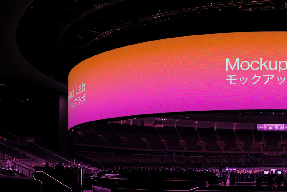 Stadium LED screen mockup with orange to pink gradient displaying text overlay